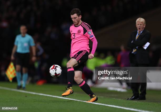 Andy Robertson of Scotland controls the ball during the FIFA 2018 World Cup Qualifier between Scotland and Slovakia at Hampden Park on October 5,...