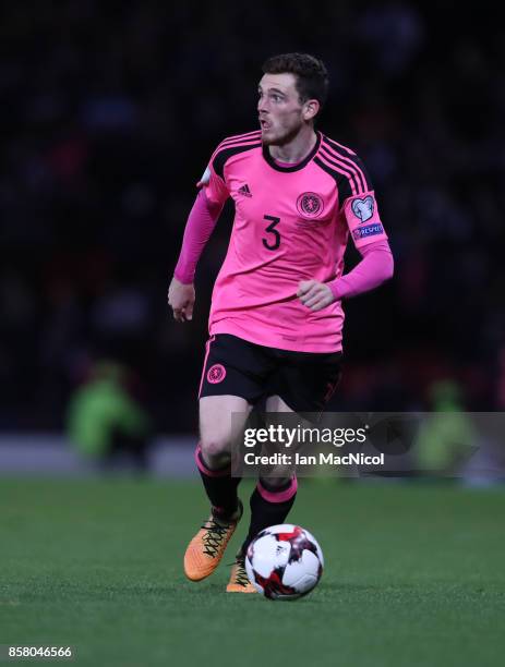 Andy Robertson of Scotland controls the ball during the FIFA 2018 World Cup Qualifier between Scotland and Slovakia at Hampden Park on October 5,...