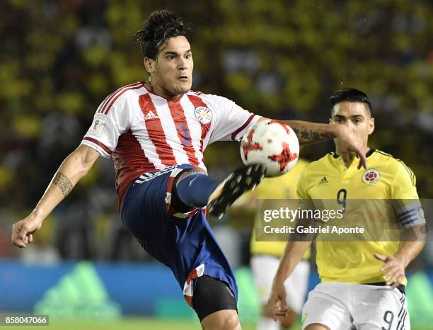 Gustavo Gomez of Paraguay controls the ball during a match between Colombia and Paraguay as part of FIFA 2018 World Cup Qualifiers at Metropolitano...