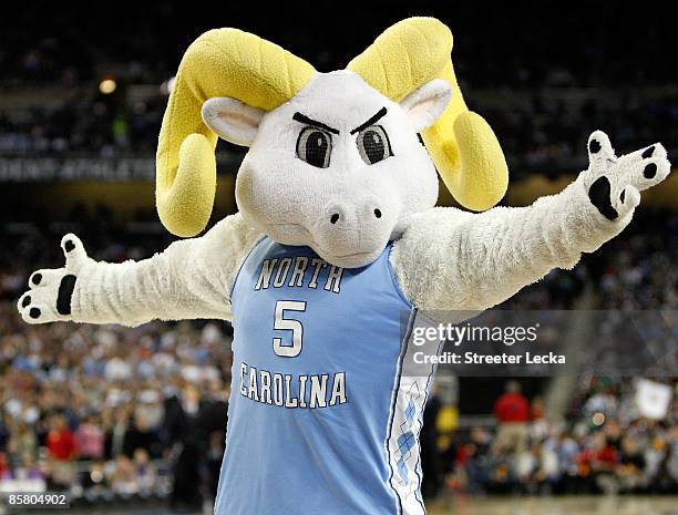 The North Carolina Tar Heels mascot performs before the game against the Villanova Wildcats during the National Semifinal game of the NCAA Division I...