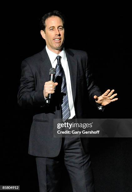 Comedian Jerry Seinfeld onstage at the David Lynch Foundation "Change Begins Within" show at Radio City Music Hall on April 4, 2009 in New York City.