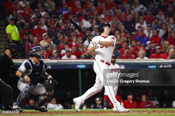 Jay Bruce of the Cleveland Indians hits a two-run home run during the fourth inning against the New York Yankees during game one of the American...