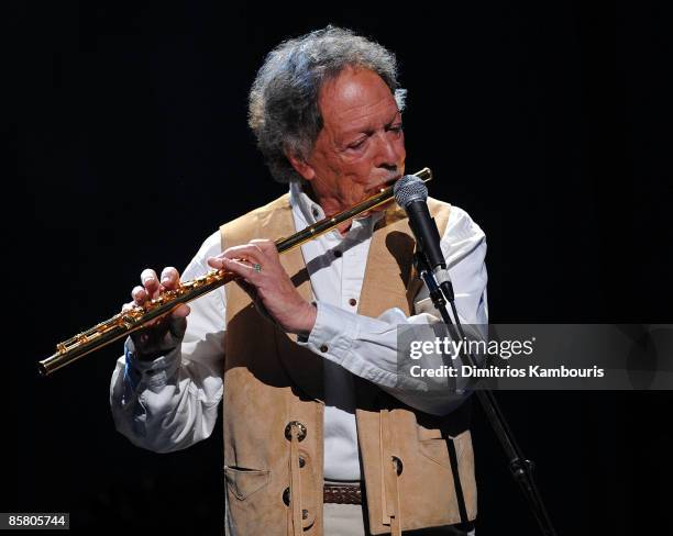 Musician Paul Horn performs onstage at the David Lynch Foundation "Change Begins Within" show at Radio City Music Hall on April 4, 2009 in New York...