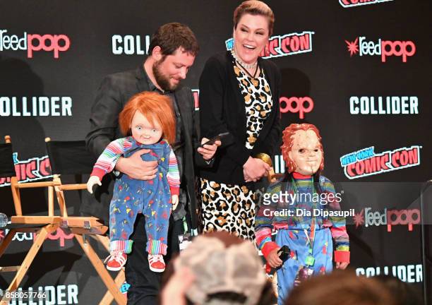 Alex Vincent and Christine Elise speak onstage at Child's Play / Cult Of Chucky Panel during 2017 New York Comic Con - Day 1 on October 5, 2017 in...