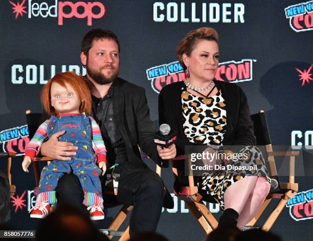 Alex Vincent and Christine Elise speak onstage at Child's Play / Cult Of Chucky Panel during 2017 New York Comic Con - Day 1 on October 5, 2017 in...