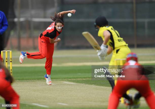 Opening bowler Megan Schutt during the WNCL match between South Australia and Western Australia at Adelaide Oval No.2 on October 6, 2017 in Adelaide,...