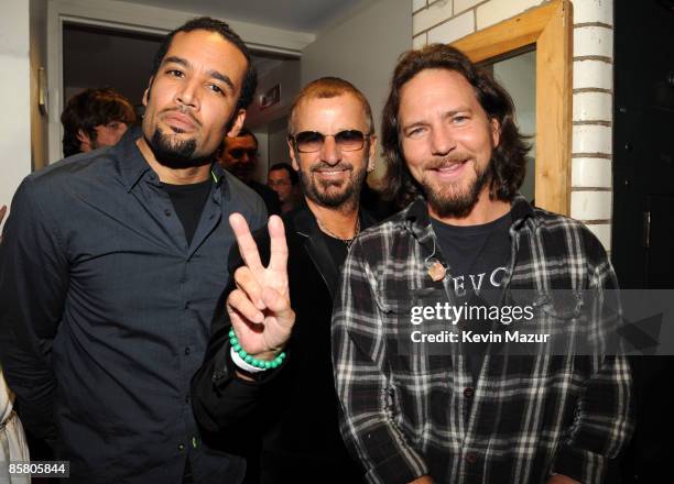 Ben Harper, Ringo Starr and Eddie Vedder backstage for the David Lynch Foundation "Change Begins Within" concert at Radio City Music Hall on April 4,...