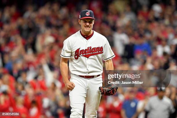 Trevor Bauer of the Cleveland Indians celebrates after retiring the side in the fourth inning on a strike out against the New York Yankees during...