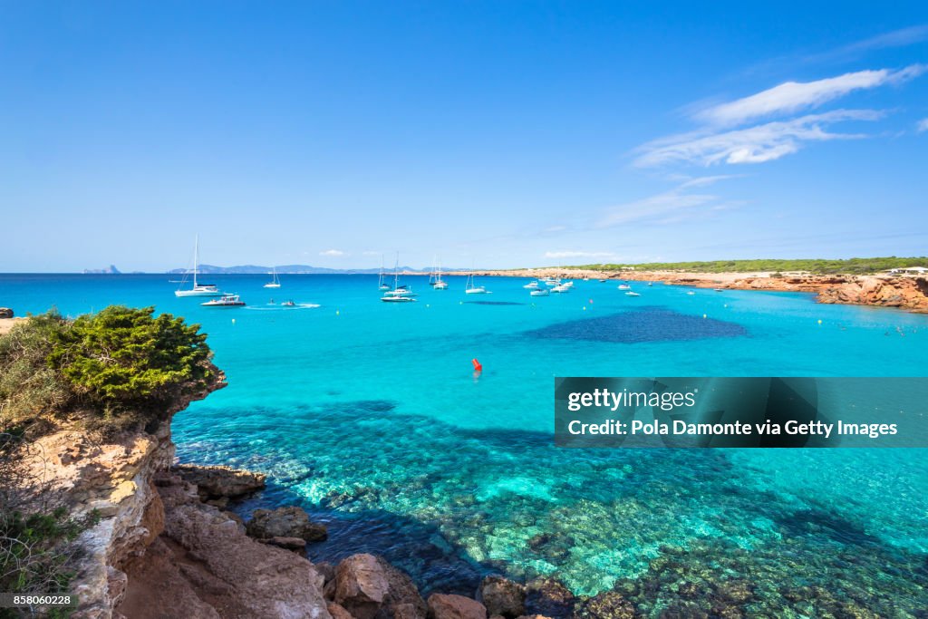 Cala Saona, Formentera coastline idyllic beach in Balearic Islands, Spain