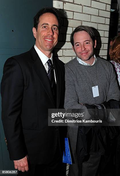 Comedian Jerry Seinfeld and Matthew Broderick pose backstage during the David Lynch Foundation "Change Begins Within" concert at Radio City Music...