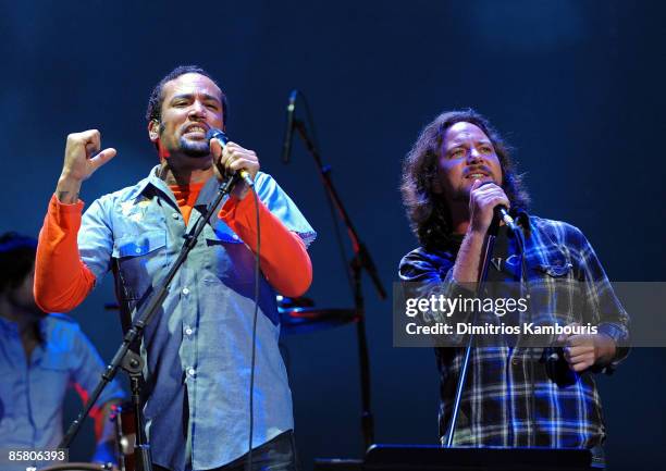 Musicians Ben Harper and Eddie Vedder perform onstage at the David Lynch Foundation "Change Begins Within" show at Radio City Music Hall on April 4,...