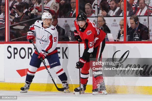 Logan Brown of the Ottawa Senators prepares for a faceoff against Aaron Ness of the Washington Capitals at Canadian Tire Centre on October 5, 2017 in...