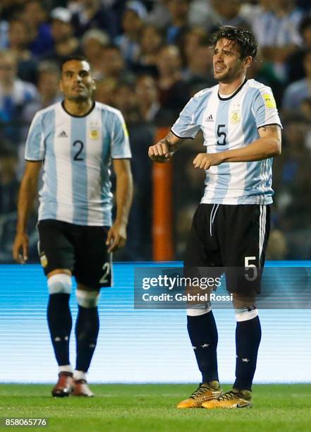 Fernando Gago of Argentina gestures after being injured during a match between Argentina and Peru as part of FIFA 2018 World Cup Qualifiers at...