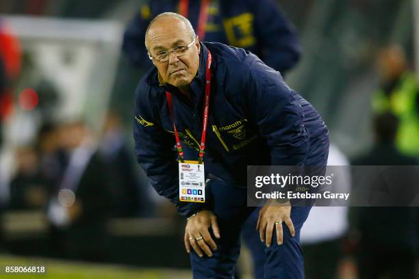 Jorge Celico coach of Ecuador gestures during a match between Chile and Ecuador as part of FIFA 2018 World Cup Qualifier at Monumental Stadium on...