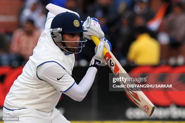 Indian cricketer V.V.Laxman plays a shot during the third day of the final Test match between New Zealand and India at the Basin Reserve stadium in...