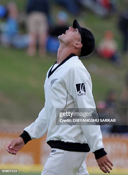 New Zealand cricketer Chris Martin reacts after his wicketless spell, during the third day of the final Test match between New Zealand and India, at...