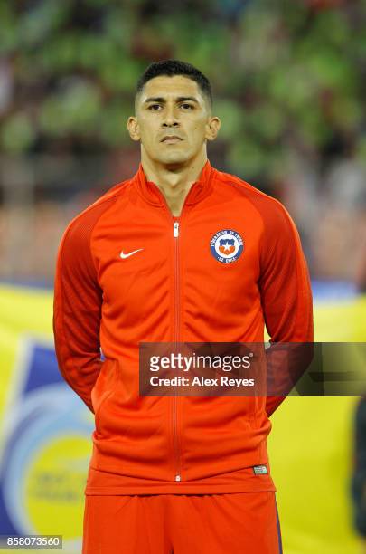 Pedro Pablo Hernandez of Chile looks on during the national anthem prior a match between Chile and Ecuador as part of FIFA 2018 World Cup Qualifiers...