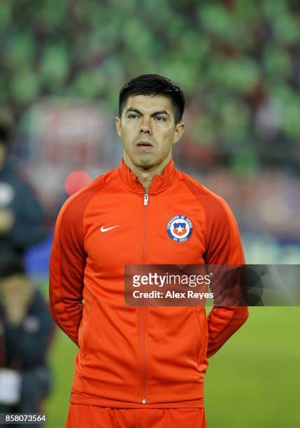 Francisco Silva of Chile looks on during the national anthem prior a match between Chile and Ecuador as part of FIFA 2018 World Cup Qualifiers at...