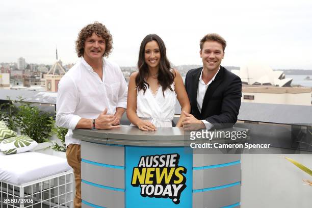 Nick Cummins, Teigan Nash, and Lincoln Lewis attend the launch of Aussie News Today, as part of Tourism Australia's new youth campaign on October 6,...