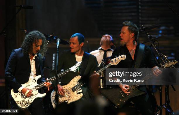 Kirk Hammett, Flea, Lars Ulrich and James Hetfield of Metallica perform during the finale at the 24th Annual Rock and Roll Hall of Fame Induction...
