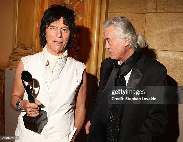 Jeff Beck and Jimmy Page pose attends the 24th Annual Rock and Roll Hall of Fame Induction Ceremony at Public Hall on April 4, 2009 in Cleveland,...
