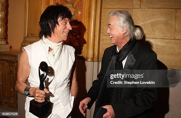 Jeff Beck and Jimmy Page pose attends the 24th Annual Rock and Roll Hall of Fame Induction Ceremony at Public Hall on April 4, 2009 in Cleveland,...