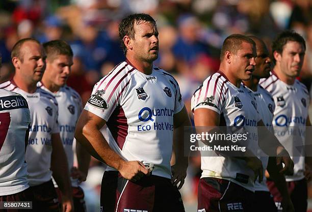 Josh Perry of the Sea Eagles looks dejected after a Knights try during the round four NRL match between the Newcastle Knights and the Manly Warringah...