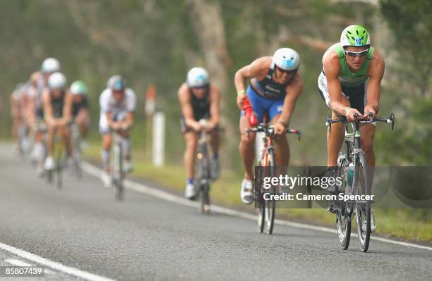 Maik Twelsiek of Germany leads a group of riders during the cycle leg of the 2009 Ironman Australia on April 5, 2009 in Port Macquarie, Australia.
