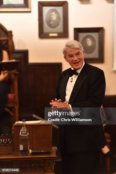 The Rt Hon Andrew Mitchell MP addresses new students at The Cambridge Union on October 5, 2017 in Cambridge, Cambridgeshire.