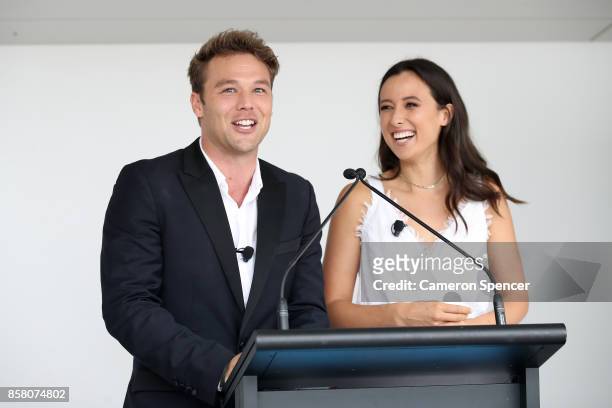 Lincoln Lewis and Teigan Nash speak at the launch of Aussie News Today, as part of Tourism Australia's new youth campaign on October 6, 2017 in...