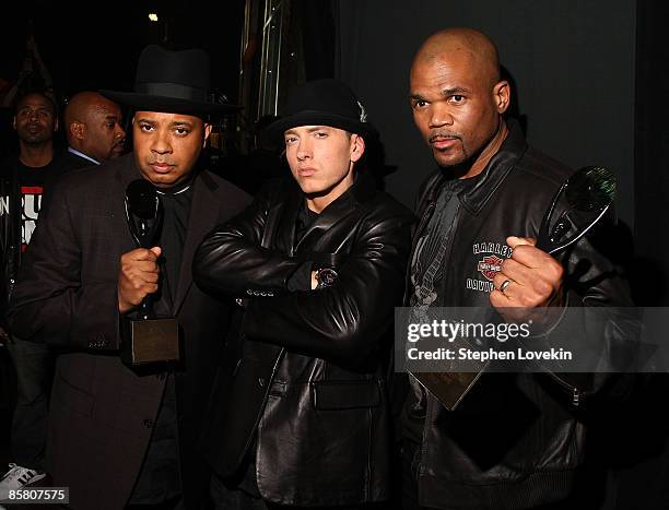 Joseph 'Rev. Run' Simmons, Eminem and Darryl 'D.M.C.' McDaniels attends the 24th Annual Rock and Roll Hall of Fame Induction Ceremony at Public Hall...