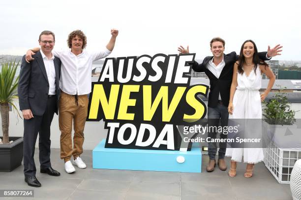 Tourism Australia Managing Director John O'Sullivan, Nick Cummins, Lincoln Lewis and Teigan Nash attend the launch of Aussie News Today, as part of...