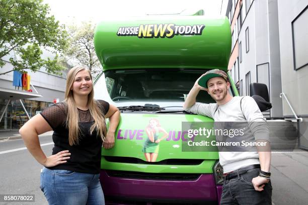 Buzzfeed Mates Lara Faymonville of Germany and Matz Duebbert of Germany pose with a Juicy campervan at the launch of Aussie News Today, as part of...