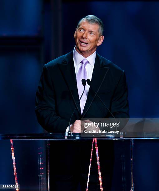 Chairman Vince McMahon inducts Stone Cold Steve Austin into the WWE Hall of Fame at the 25th Anniversary of WrestleMania's WWE Hall of Fame at the...