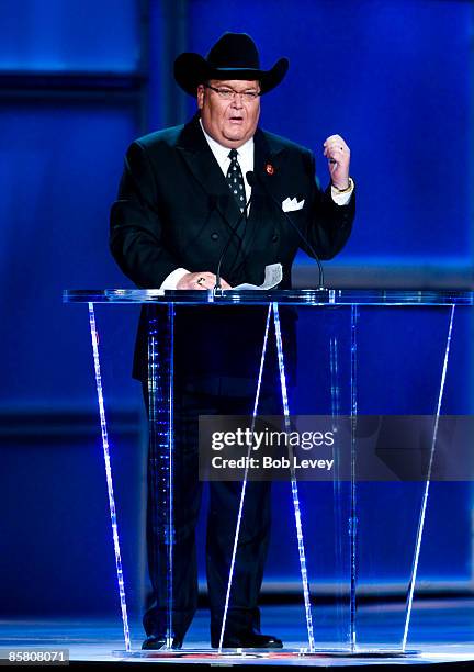 Television commentator Jim Ross attends the 25th Anniversary of WrestleMania's WWE Hall of Fame at the Toyota Center on April 4, 2009 in Houston,...