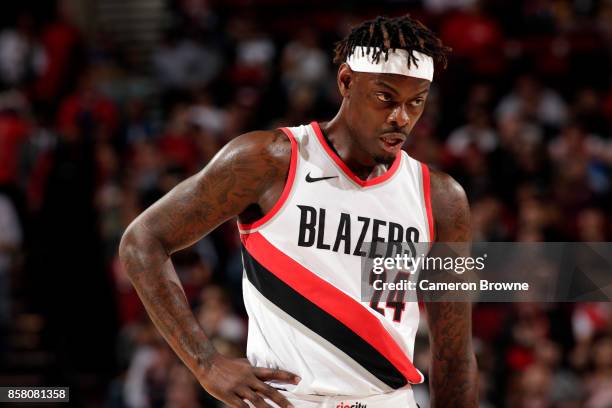 Anthony Morrow of the Portland Trail Blazers reacts during the preseason game against the Toronto Raptors on October 5, 2017 at the Moda Center in...