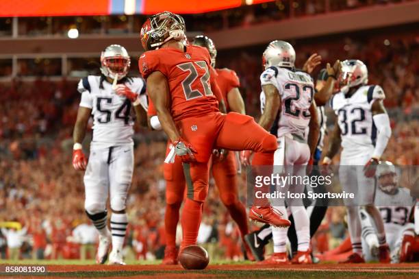 Tampa Bay Buccaneers running back Doug Martin celebrates his touchdown during an NFL football game between the New England Patriots and the Tampa Bay...