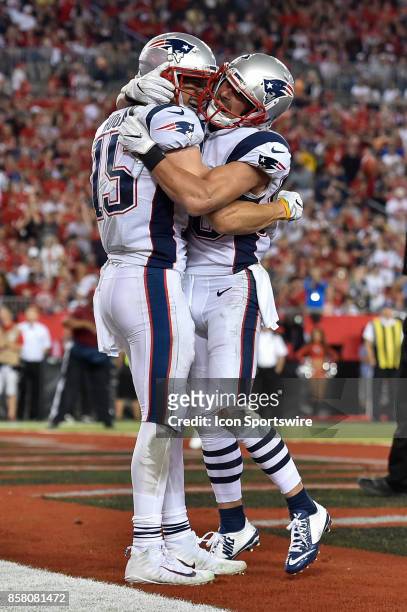 New England Patriots wide receiver Chris Hogan celebrates his touchdown catch with New England Patriots wide receiver Danny Amendola during an NFL...