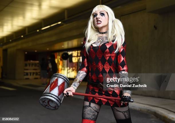 Comic Con cosplayer dressed as Harley Quinn poses during 2017 New York Comic Con - Day 1 on October 5, 2017 in New York City.