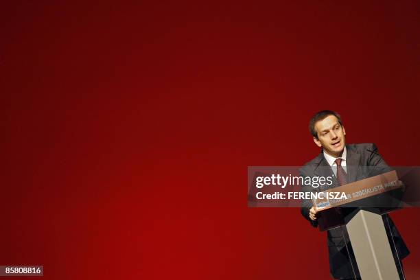 Hungarian Economy Minister Gordon Bajnai speaks on April 5, 2009 in Budapest at the congress of the Hungarian Socialist Party , whose 650 members are...