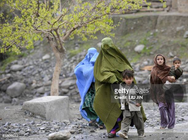 Pakistan-Afghanistan-US-unrest-military,FOCUS BY CHARLOTTE MCDONALD-GIBSON Afghan women lead their children as they walk near the Dokalam border post...
