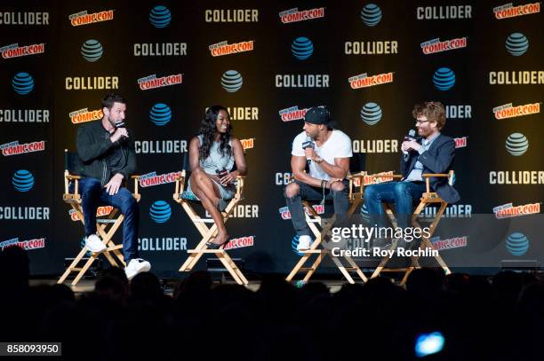 Pablo Schreiber; Yetide Badaki; Ricky Whittle and moderator Abraham Riesman discuss "American Gods" during 2017 New York Comic Con - Day 1 on October...