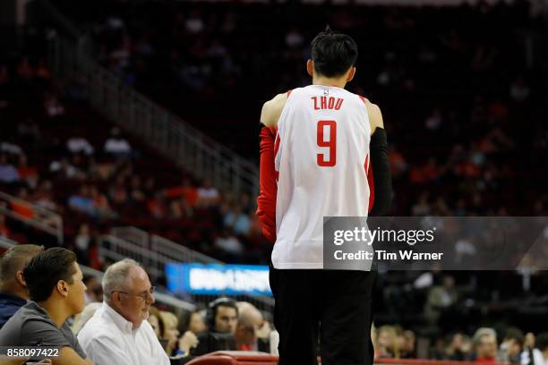 Zhou Qi of Houston Rockets enters the game in the second quarter against the Shanghai Sharks at Toyota Center on October 5, 2017 in Houston, Texas....