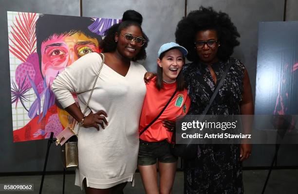 Actresses Danielle Brooks, Kimiko Glenn and Uzo Aduba attend Brad Walsh "Antiglot" performance and album release party at Pier 59 Studios on October...