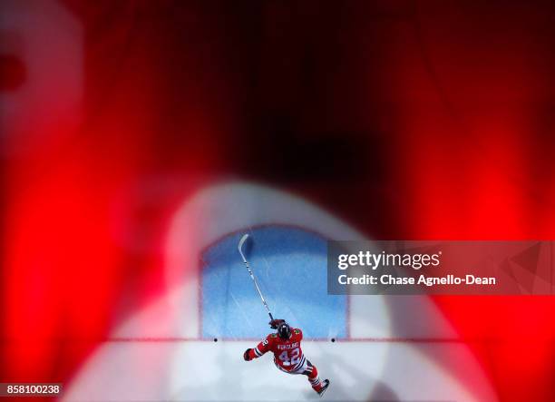 Gustav Forsling of the Chicago Blackhawks skates out to the ice prior to the game against the Pittsburgh Penguins at the United Center on October 5,...