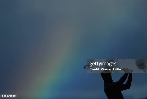 Gregory Bourdy of France plays his secod shot into the 18th green during the first round of the Alfred Dunhill Links Championship at Kingsbarns Golf...