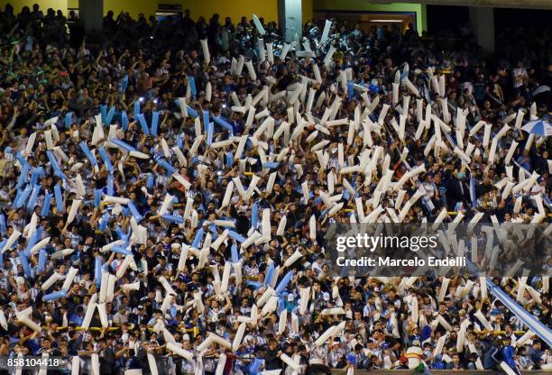 Fans of Argentina cheer for their team during a match between Argentina and Peru as part of FIFA 2018 World Cup Qualifiers at Estadio Alberto J....