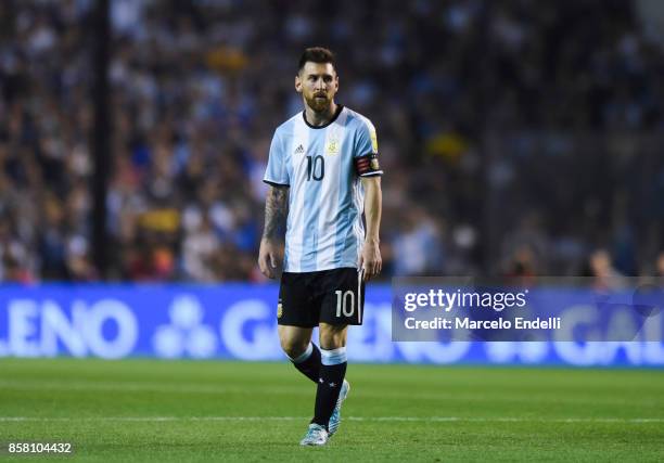 Lionel Messi of Argentina looks on during a match between Argentina and Peru as part of FIFA 2018 World Cup Qualifiers at Estadio Alberto J. Armando...