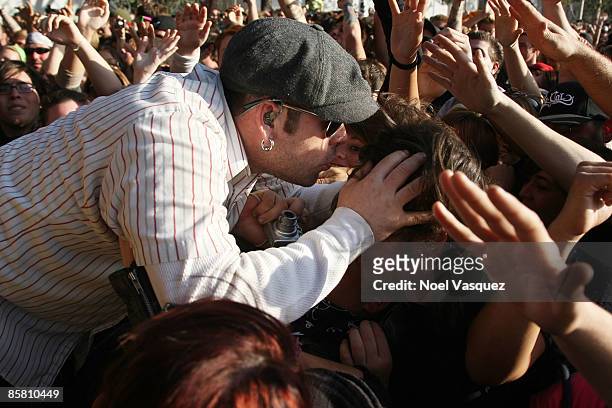 Ball of Bloodhound Gang kisses a fan during day 1 of the 2009 Bamboozle Left at the Verizon Wireless Amphitheatre on April 4, 2009 in Laguna Hills,...