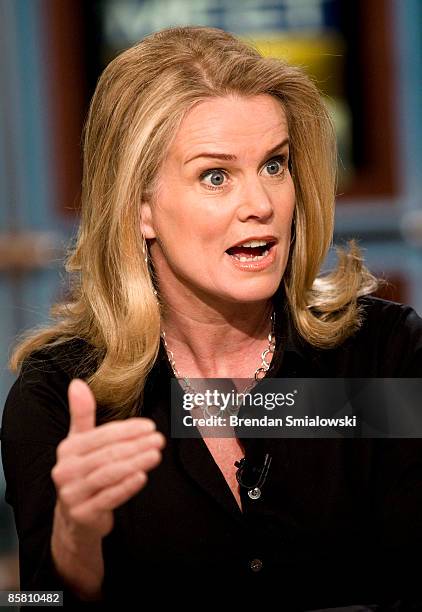 Katty Kay, Washington Correspondent for the BBC World News America, speaks during a live taping of "Meet the Press" at NBC studios April 5, 2009 in...